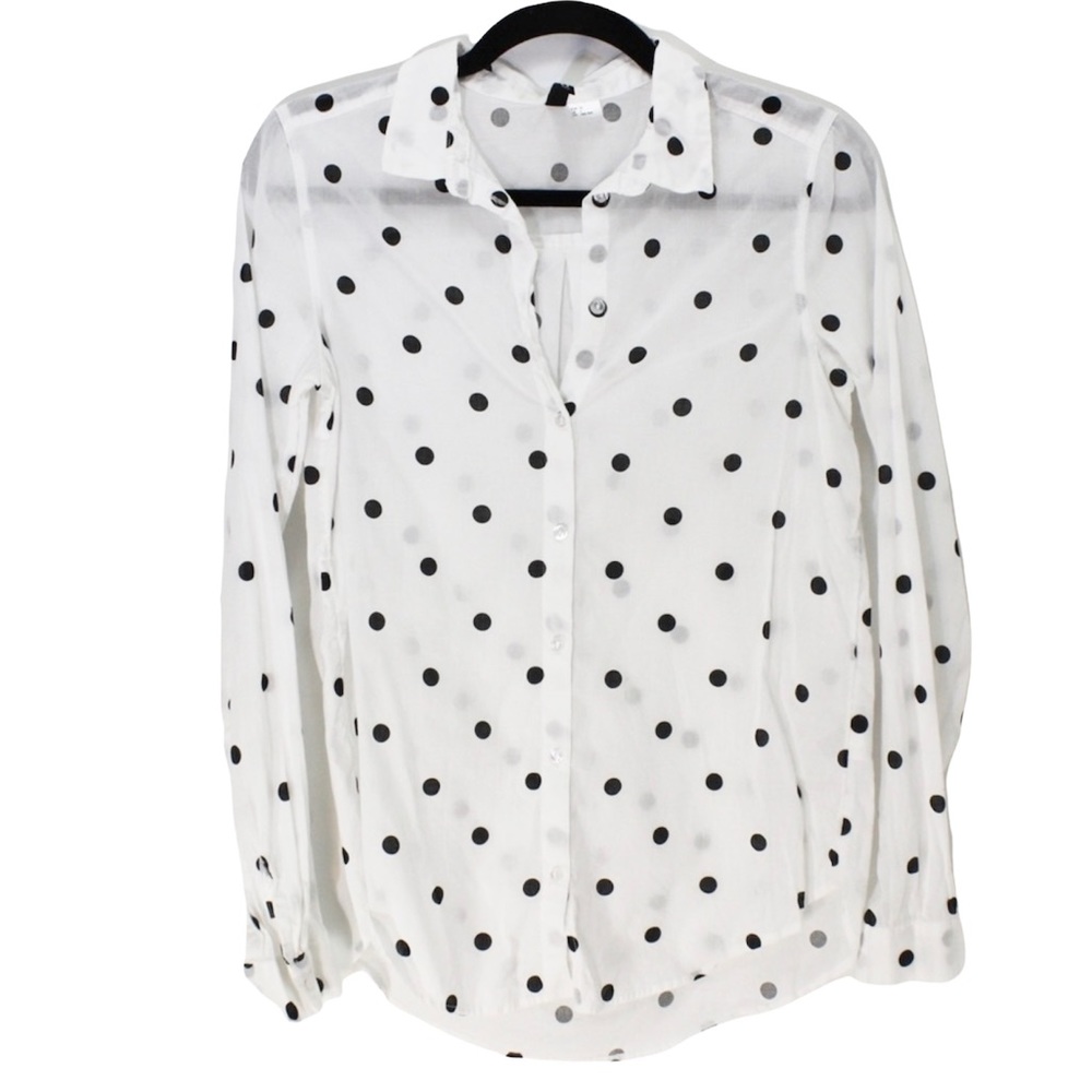 DIVIDED 100% Cotton White Black Polka Dot Long Sleeve Semi-Sheer Top Blouse 0